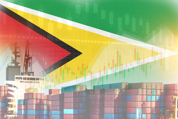 Guyana flag with containers in ship. trade graph concept illustrate poster design.