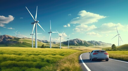 Zero emissions car running by a green landscape with wind mills.