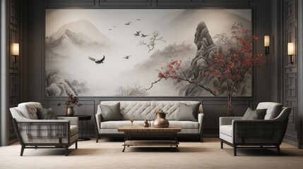 Livingroom in asian style, grey tones, landascape painted wall.