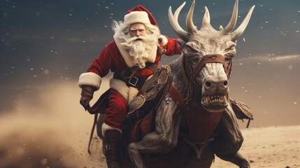 Santa Claus riding a furious Rudolph reindeer - obrazy, fototapety, plakaty