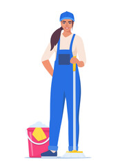 Cleaning service woman character in uniform with mop. Worker of cleaning service. Vector illustration.