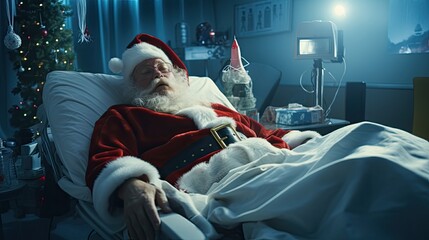 Santa Claus lying on the gurney in the hospital. - obrazy, fototapety, plakaty