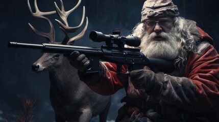 Santa Claus with a high-precision rifle hunting deer. - obrazy, fototapety, plakaty