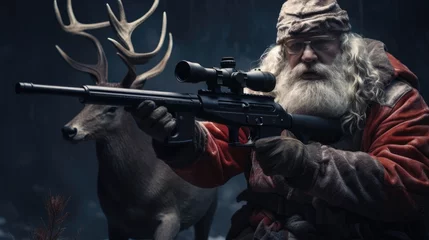 Stoff pro Meter Santa Claus with a high-precision rifle hunting deer. © MiguelAngel