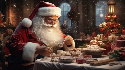 Santa Claus cooking traditional christmas dish at home. - obrazy, fototapety, plakaty