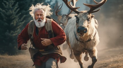 Santa Claus running in front of an angry deer.