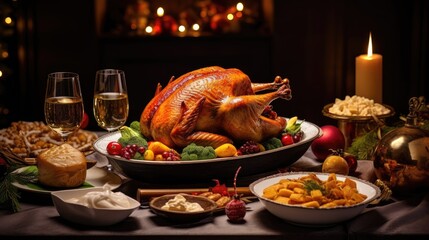 Tasty roast turkey for thanksgiving dinner. - obrazy, fototapety, plakaty