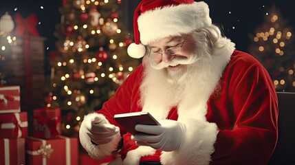 Santa Claus using the smartphone at home