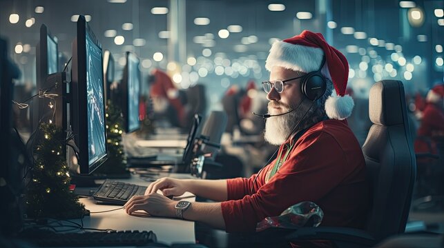Santa's helpers working with computers in a modern office.