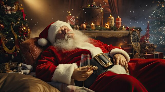 Santa Claus sitting drunk and asleep on the sofa.