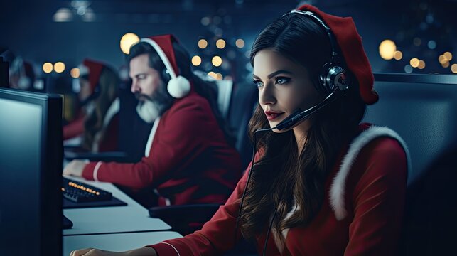 Santa's helpers working with computers in a modern office.