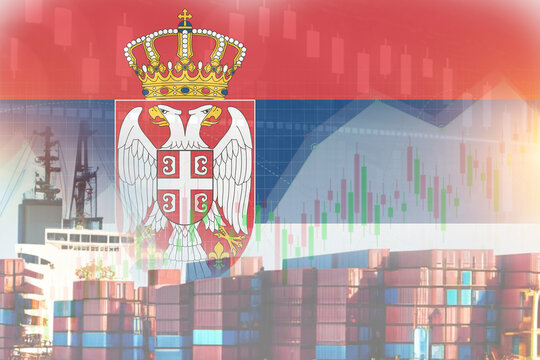 Serbia flag with containers in ship. trade graph concept illustrate poster design