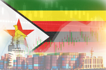 Zimbabwe flag with containers in ship. trade graph concept illustrate poster design. - obrazy, fototapety, plakaty