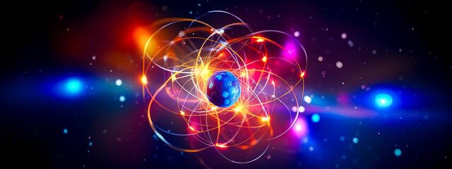 abstract atom molecule structure under microscope, banner made with Generative AI