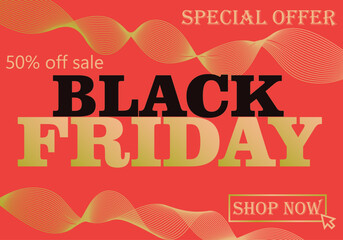 Black friday sale banner on red background. Special offer. Colorful vector illustration