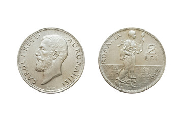 Old silver coin, Romanian 2 lei 1914, two lei King Carol I