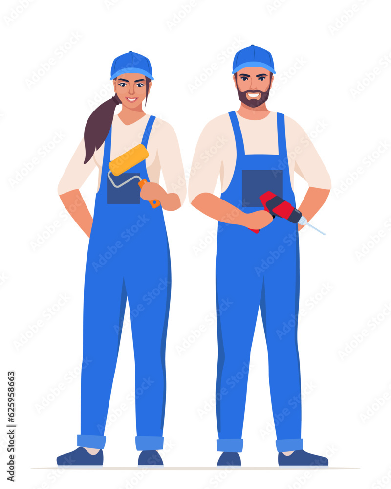 Wall mural Repairman or mechanic man and woman painter. Collection of professional repair tools. Man and woman characters in uniform. Vector illustration.