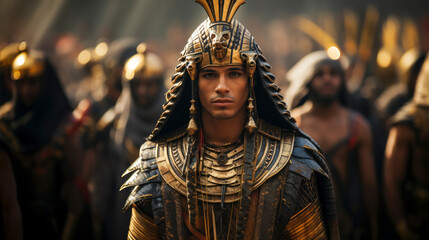 Portrait of an egyptian pharaoh in royal attire and his entourage in the background. - obrazy, fototapety, plakaty