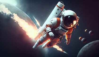 Fototapeta na wymiar 3d render spaceman astronaut flying with rocket 3d illustration design Ai generated image