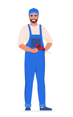 Repairman or mechanic man character in blue uniform. Vector illustration.