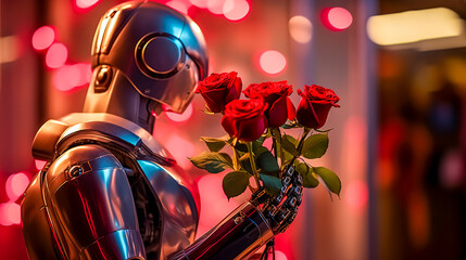 humanoid with a bouquet of red roses, gift to celebrate, made with Generative AI