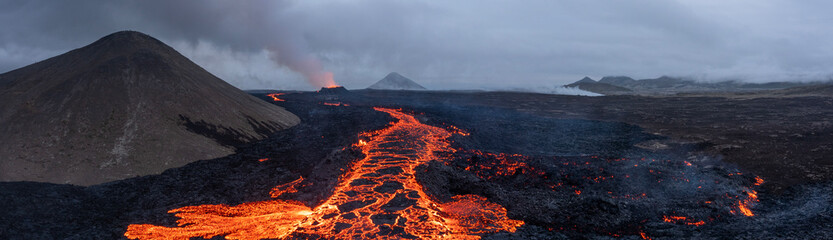 Aerial Panoramic view of Volcano Eruption, Litli-Hrútur Hill, Fagradalsfjall Volcano System in Iceland. Reykjanes Peninsula. High Resolution Ultra Wide Image. - obrazy, fototapety, plakaty