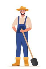 Farmer holding shovel in hand. Farmer standing with spade. Farming work, gardening. Agricultural worker with garden tool. Gardener, agronomist. Vector illustration.