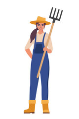 Woman farmer holding pitchfork in hand. Farming work, gardening. Agricultural worker with garden tool. Woman gardener, agronomist. Vector illustration.