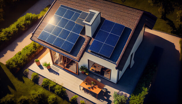 A view from above of a home with solar photovoltaic panels on the roof providing clean power, Ai generated image