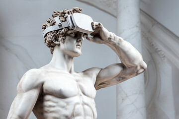 Antique marble sculpture with VR headset. Statue wearing virtual reality goggles on pastel background. Bust with VR glasses. Metaverse world exploring, VR games concept. AI generated - obrazy, fototapety, plakaty