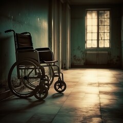 Fototapeta na wymiar Abandoned wheelchair, despair, loneliness and boredom, generated AI photo.