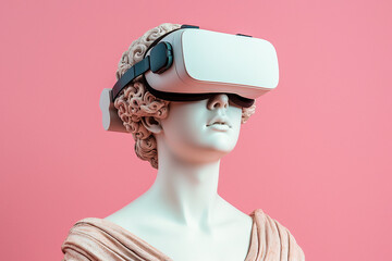 Female antique marble sculpture with VR headset. Statue wearing virtual reality goggles on pastel background. Bust with VR glasses. Metaverse world exploring, VR games concept. AI generated