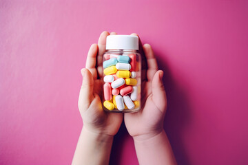 Medical pills in child's hands. Child holding bottle of pills. Keep away from children reach concept. Sick child with drugs. Danger at home. Childhood diseases, vitamins for children. AI generated