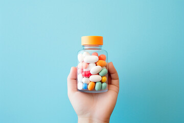Medical pills in child's hands. Child holding bottle of pills. Keep away from children reach...