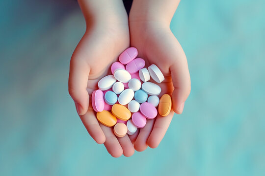 Medical pills in child's hands. Child holding pale of pills. Keep away from children reach concept. Sick child with drugs. Danger at home. Childhood diseases, vitamins for children. AI generated