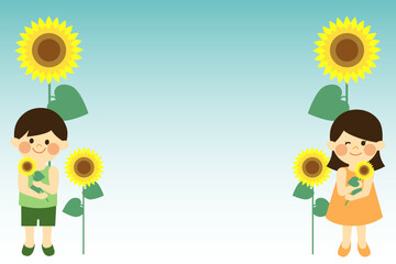向日葵と子供達（背景グラデーション）
