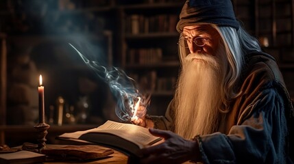 Fototapeta premium wizard reading a magical book in his laboratory