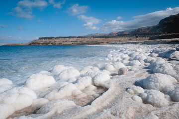salt formation on a dead sea beach in jordan