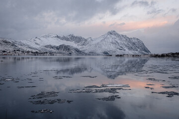 reflection of a lake in winter in the Lofoten