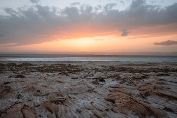 sunset over the dead sea in jordan