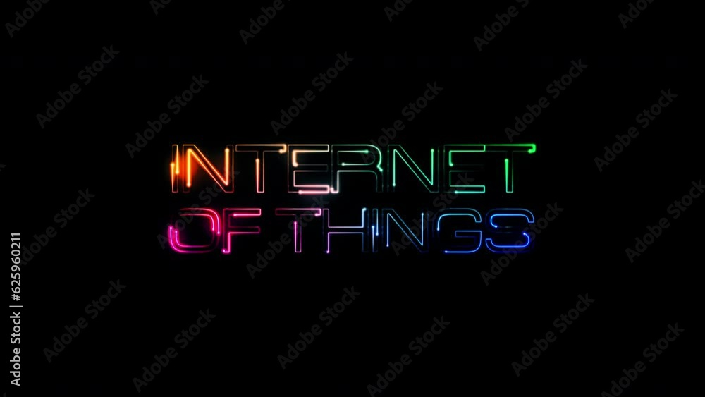 Poster internet of thing glow colorful neon laser text animation effect on black abstract background.