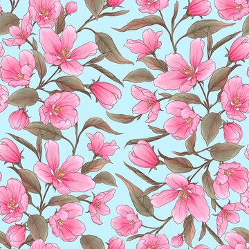 Apple tree flowers pattern with pink flowers of the apple tree is drawn with watercolor technique on a blue background. Perfect for decorating textiles, clothing, postcards, home decor, gift paper.