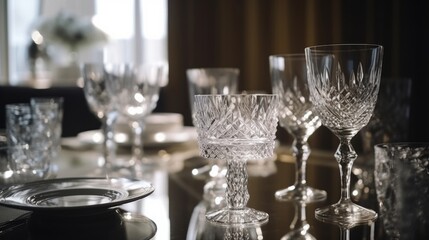 close up glassware dinning table top Restaurant table with wine glasses and napkin,ai generate