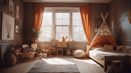 Kid play room creatve  fun and playful space cozy children bedroom with tent toy and doll with sun light from window dramatic light interior background,ai generate