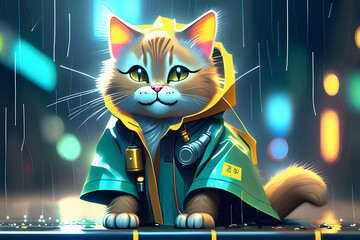 Cute smiling cat wearing a raincoat. Generative AI