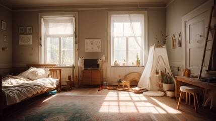 Fototapeta na wymiar Kid play room creatve fun and playful space cozy children bedroom with tent toy and doll with sun light from window dramatic light interior background,ai generate