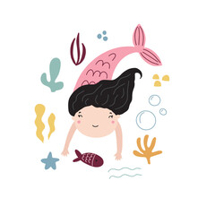 Vector illustration of a cute little mermaid surrounded by nautical elements for your design.