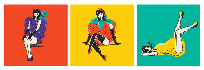 Beautiful young retro girls with fruits costume. Hot summer concept for advertising. Poster, sticker templates Vector background in in groovy pin-up pop art retro comic style.