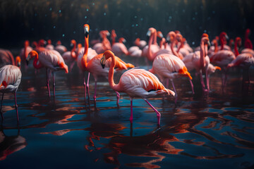 Flock of flamingos many individuals on the lake. Generative AI.