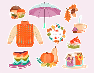 Autumn stickers collection with cute seasonal elements. Vector set of autumn icons: cozy sweater, falling leaves, cozy food, candles, mushroom, pumpkin.